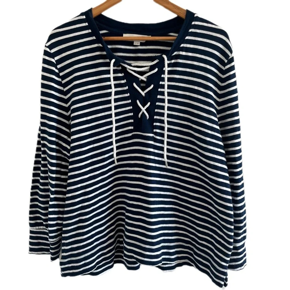LOFT Women’s Stripped Long Sleeve Top size XL Cotton Nautical Navy Blue Top